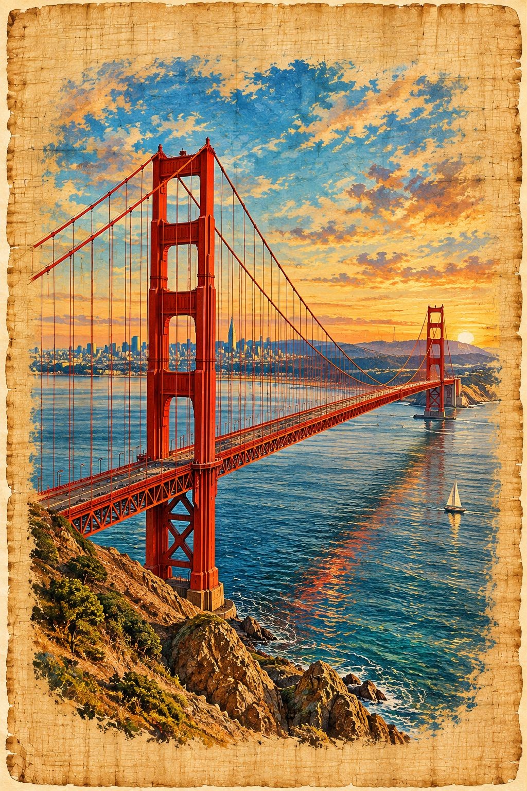 Golden Gate Bridge on Papyrus — Golden Gate Bridge at sunset over the bay, framed on aged papyrus with frayed edges