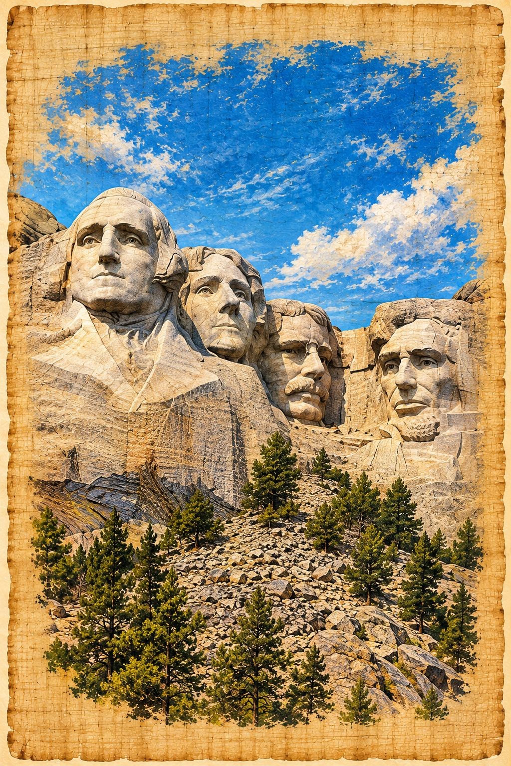 Mount Rushmore on Papyrus — Mount Rushmore with evergreen trees and blue sky on aged, deckled papyrus