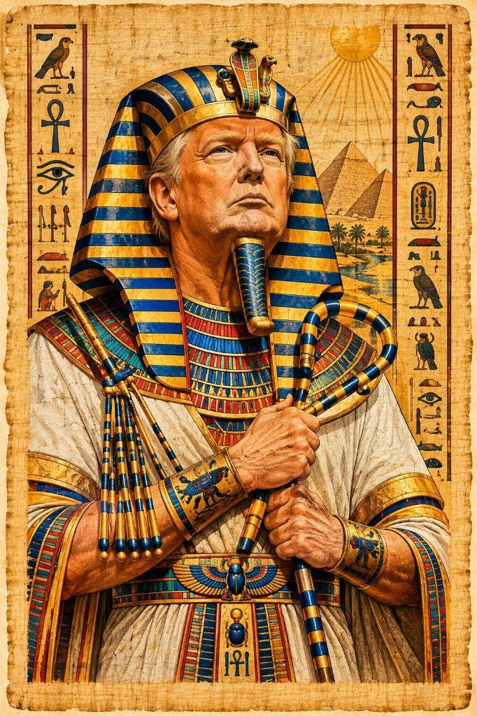 Pharaoh Portrait on Papyrus — Egyptian-inspired portrait with nemes headdress, crook and flail, pyramids, and hieroglyph borders on textured papyrus