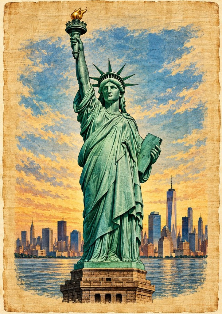 Statue of Liberty on Papyrus — Statue of Liberty with New York skyline and sunset sky on aged papyrus